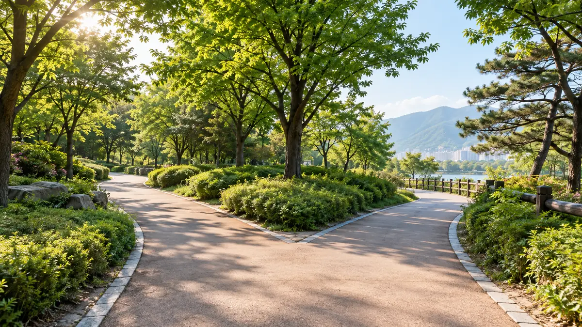 나무가 늘어선 밝은 산책길이 두 갈래로 갈라진 모습