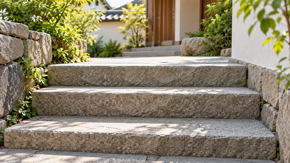 햇살 비치는 야외 계단 세 칸